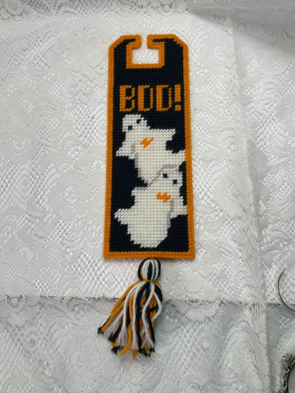 Ghost-Themed Yarn Plastic Canvas Boo Door Hanger With Tassel Halloween Decoratio